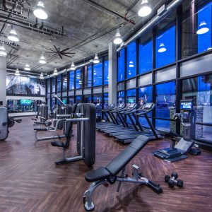 Downtown San Jose, CA, Apartments for Rent - The Pierce - State-of-the-Art Fitness Center with Herringbone Wood-Style Flooring, Treadmills, Exercise Bench, Strength Training Equipment, High Ceilings, Ceiling Fan, and Floor-to-Ceiling Window Wall.