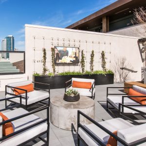 Downtown San Jose, CA, Townhomes - The Pierce - Rooftop Lounge with Armchairs, Coffee Table, Planter Box, Wall-Mounted TV, and City Views.